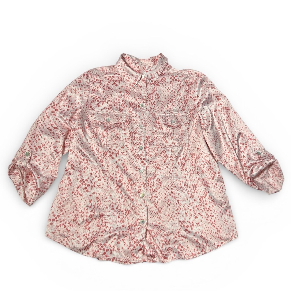 Chicos 2 Large 12-14 Blouse Button Front Silky Coral Pink White Chest Pockets